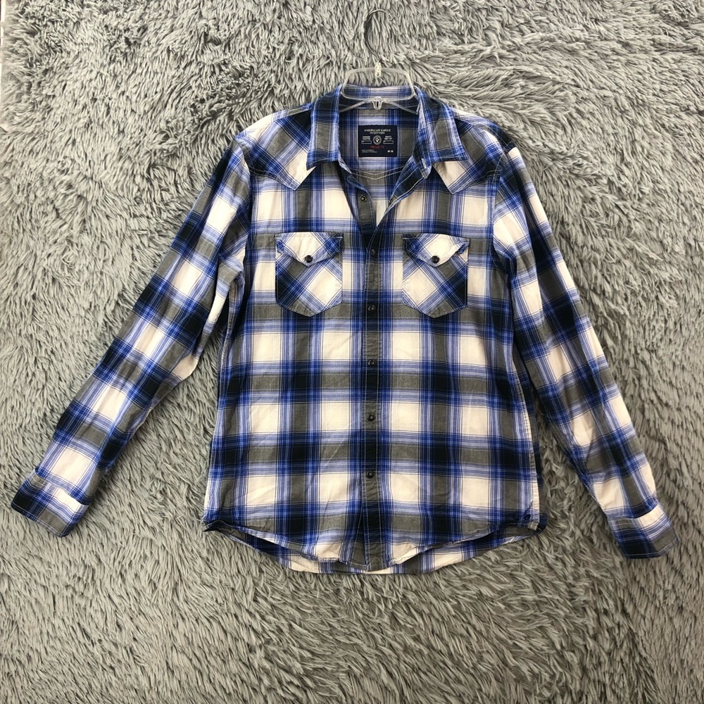 American Eagle Outfitters Shirt Vintage Fit Medium Pearl Snap Checkered Blue